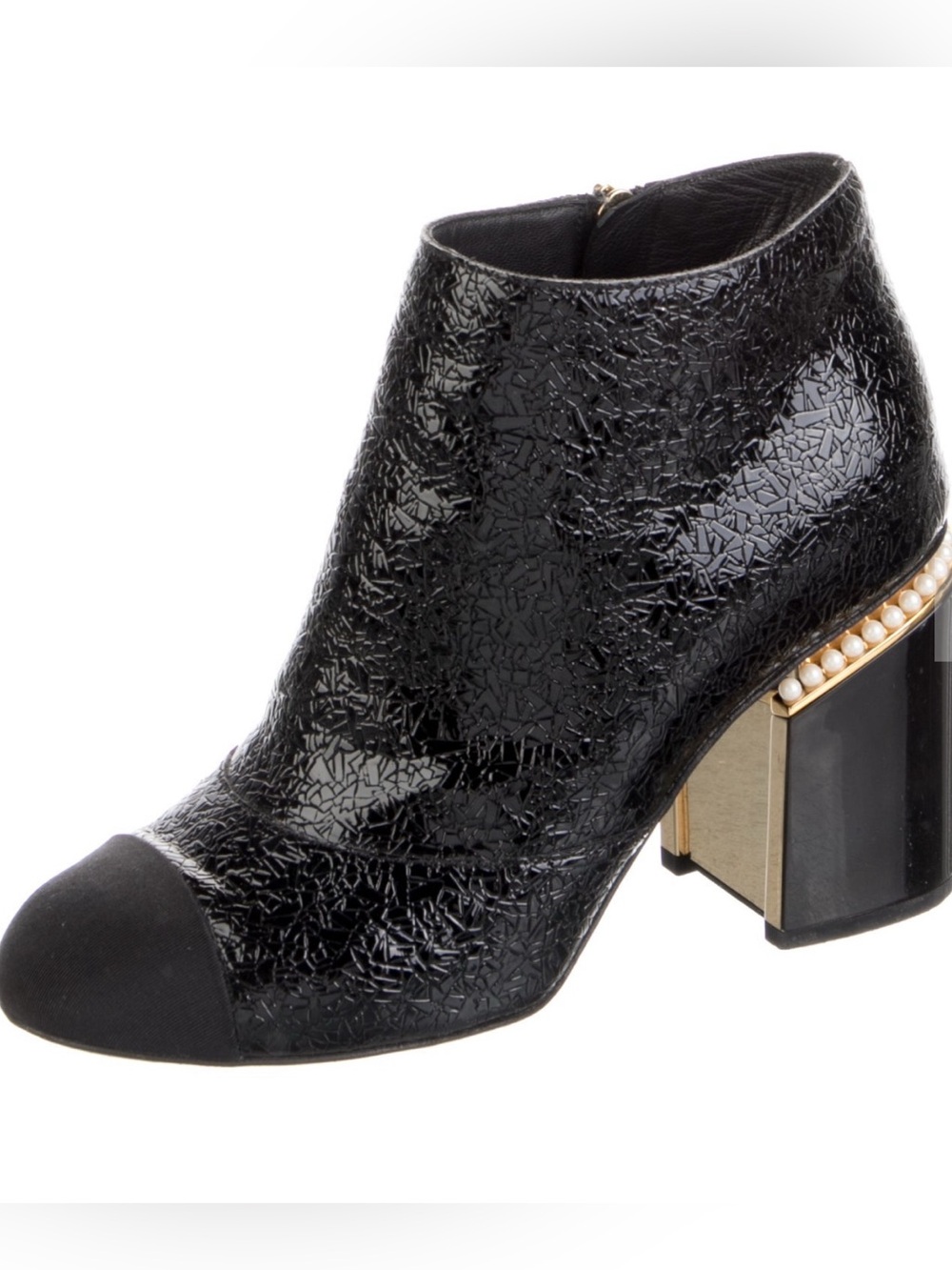 CHANEL Black Patent Cracked-Texture Ankle Boot with Pearl-Trim Block Heel